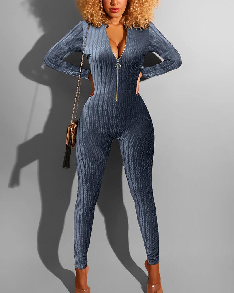 Chevron Pattern Mesh Insert Zip Up Casual Jumpsuit