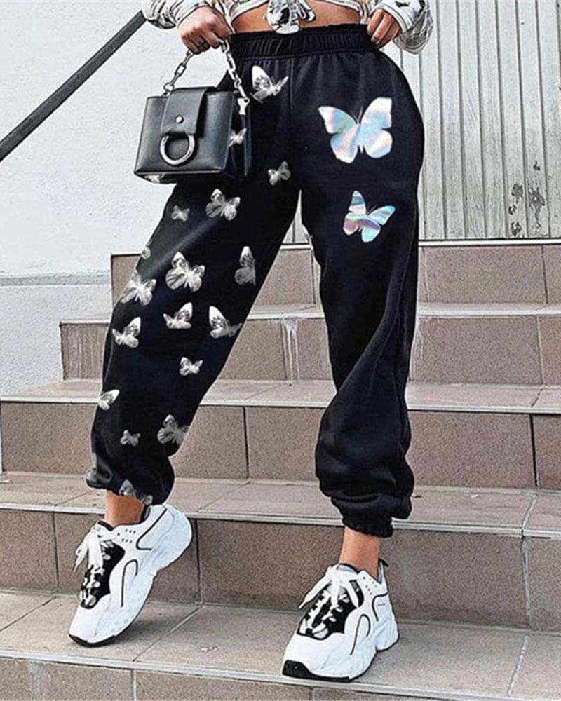 Butterfly Print High Waist Elastic Hem Sports Pants For Women-Pinkami