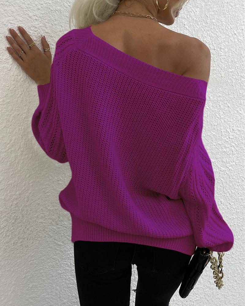 Solid Pointelle Knit Off Shoulder Sweater-Pinkami