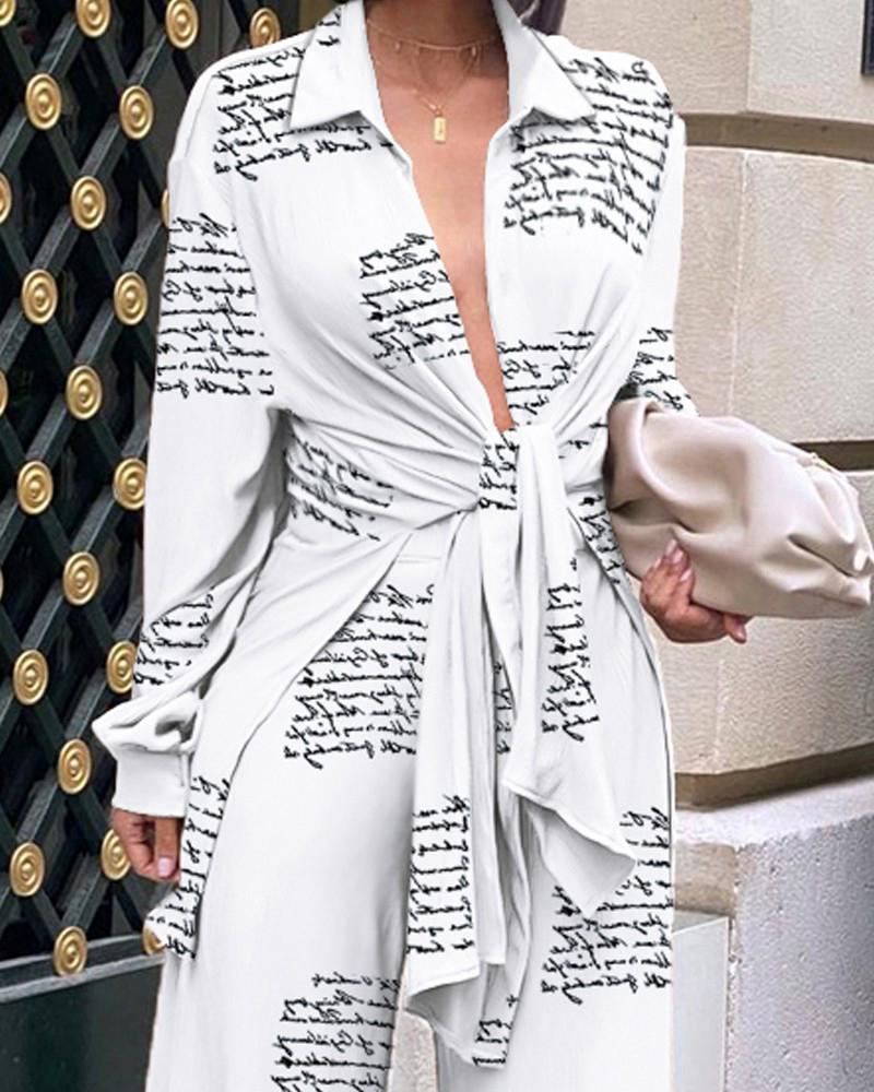 Self-Tie Split Hem Shirt & Wide Leg Pants Set-Pinkami