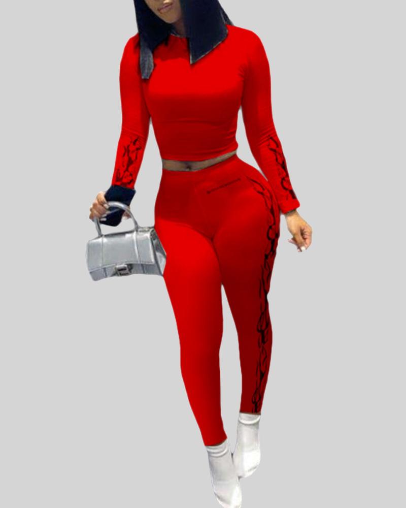 Letter & Graphic Print Long Sleeve Top & Pants Set-Pinkami