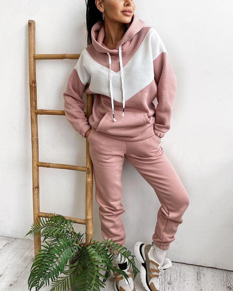 Two Tone Chevron Pattern Hoodie & Pants Set-Pinkami