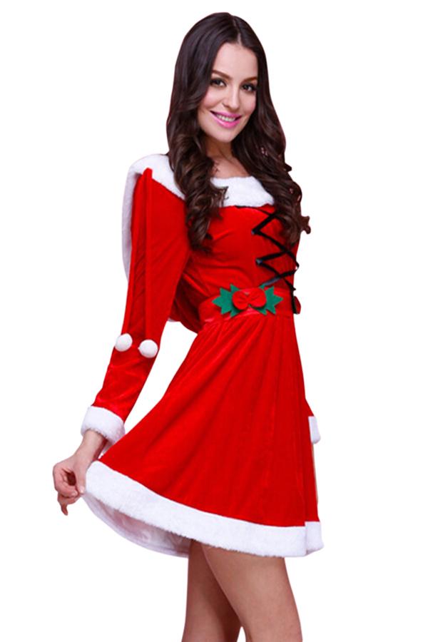 Womens Hooded Fur Trim Long Sleeve Lace Up Christmas Santa Costume Red-Pinkami