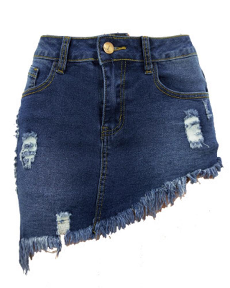 Women Ripped Raw Edge Asymmetrical Hem Denim Skirt-Pinkami