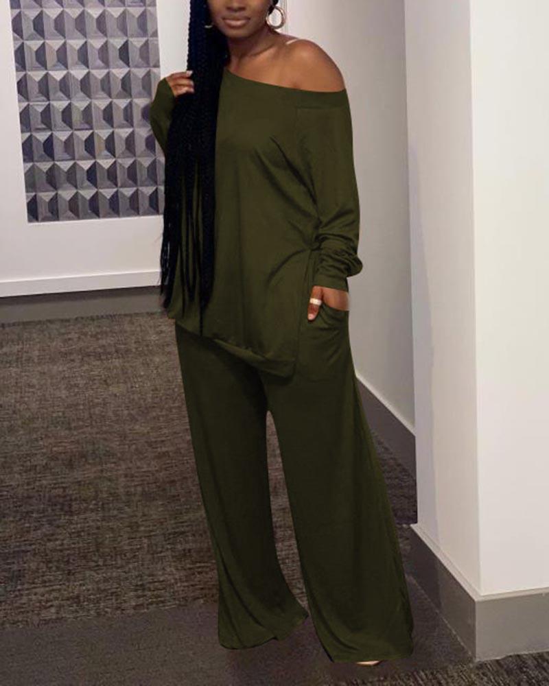 Solid Split Hem Boat Neck Top & Pants Set-Pinkami