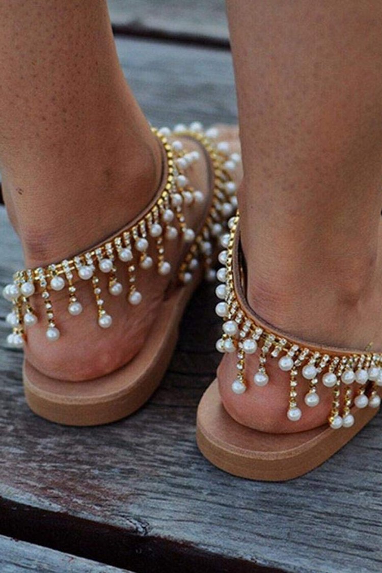 Bead Fringe Rhinestone Embellished Flat Sandals-Pinkami