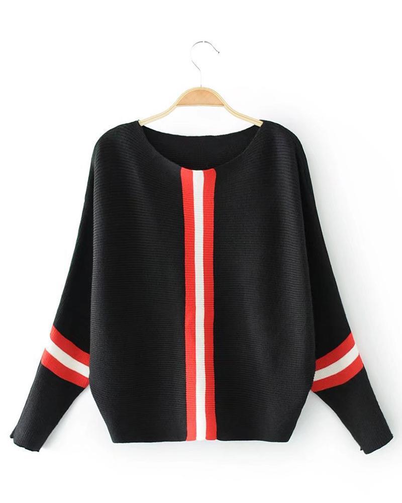 Striped Batwing Sleeve Rib-knit Sweater-Pinkami