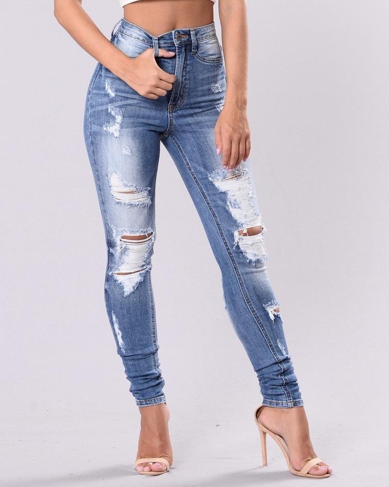 Women Knee Distressed Butt Lifting Skinny Jeans-Pinkami