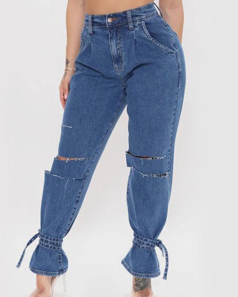 Women Ripped Ankle Tie Low Waist Jeans-Pinkami