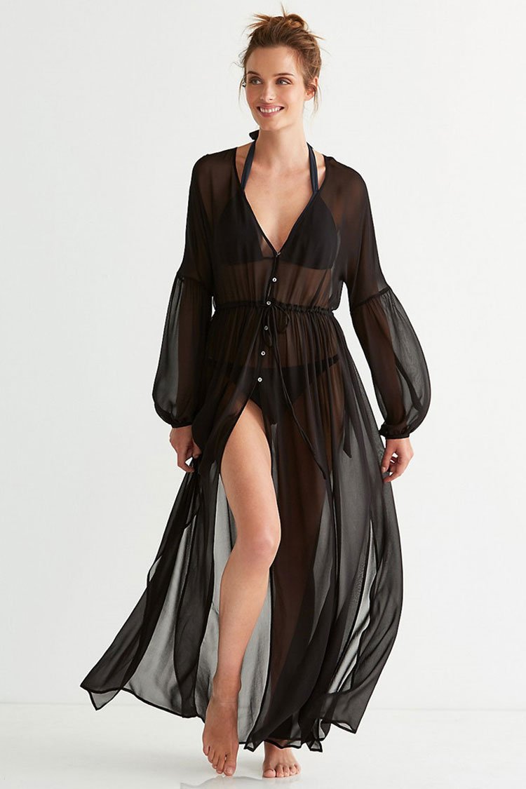 Bishop Sleeve Split Thigh Sheer Chiffon Maxi Cover Up Dress-Pinkami