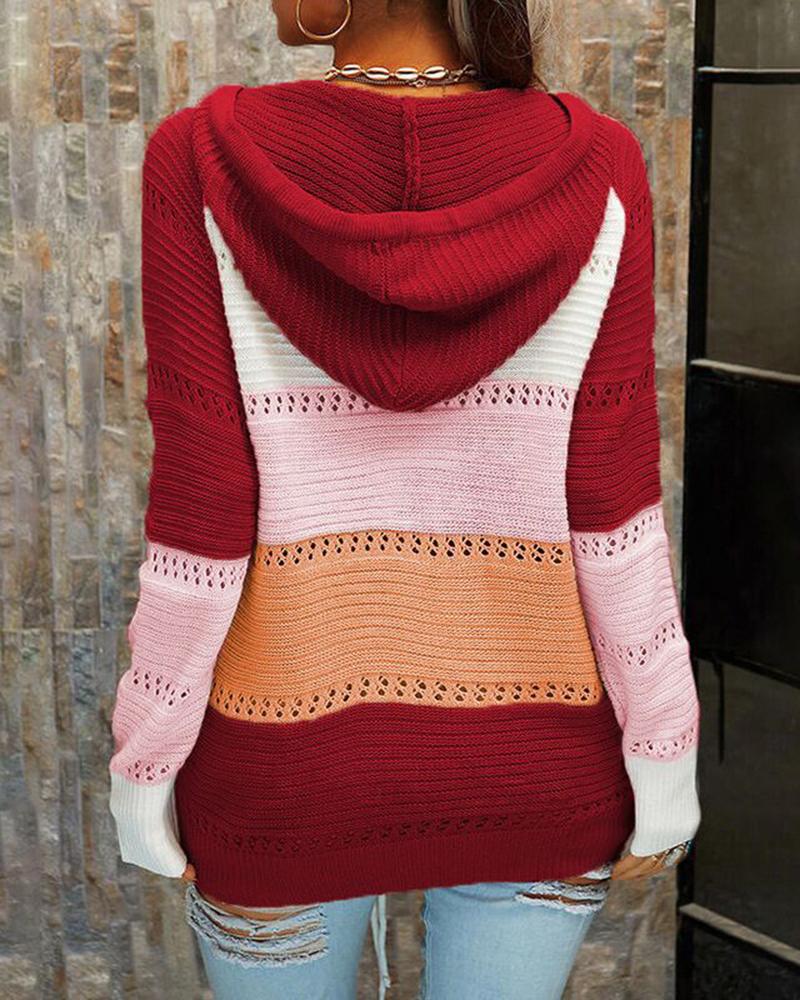 Colorblock Lace Up Pointelle Knit Hooded Sweater-Pinkami