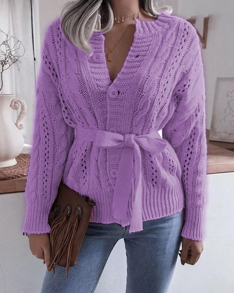 Solid Cable Knit Button Up Self-Tie Sweater-Pinkami