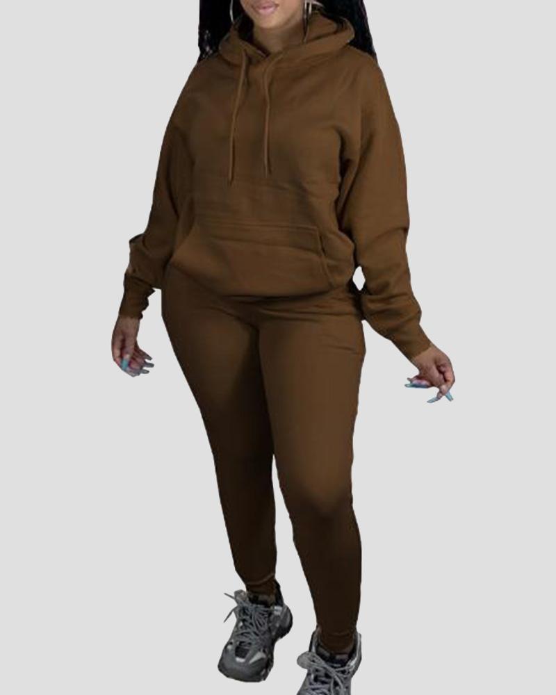 Solid Kangaroo Pocket Drawstring Hoodie & Pants Set-Pinkami