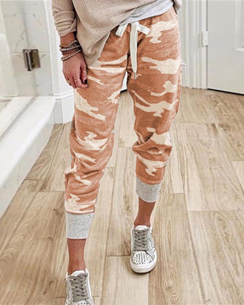 Camo Drawstring Front Pocket Detail Pants For Women-Pinkami