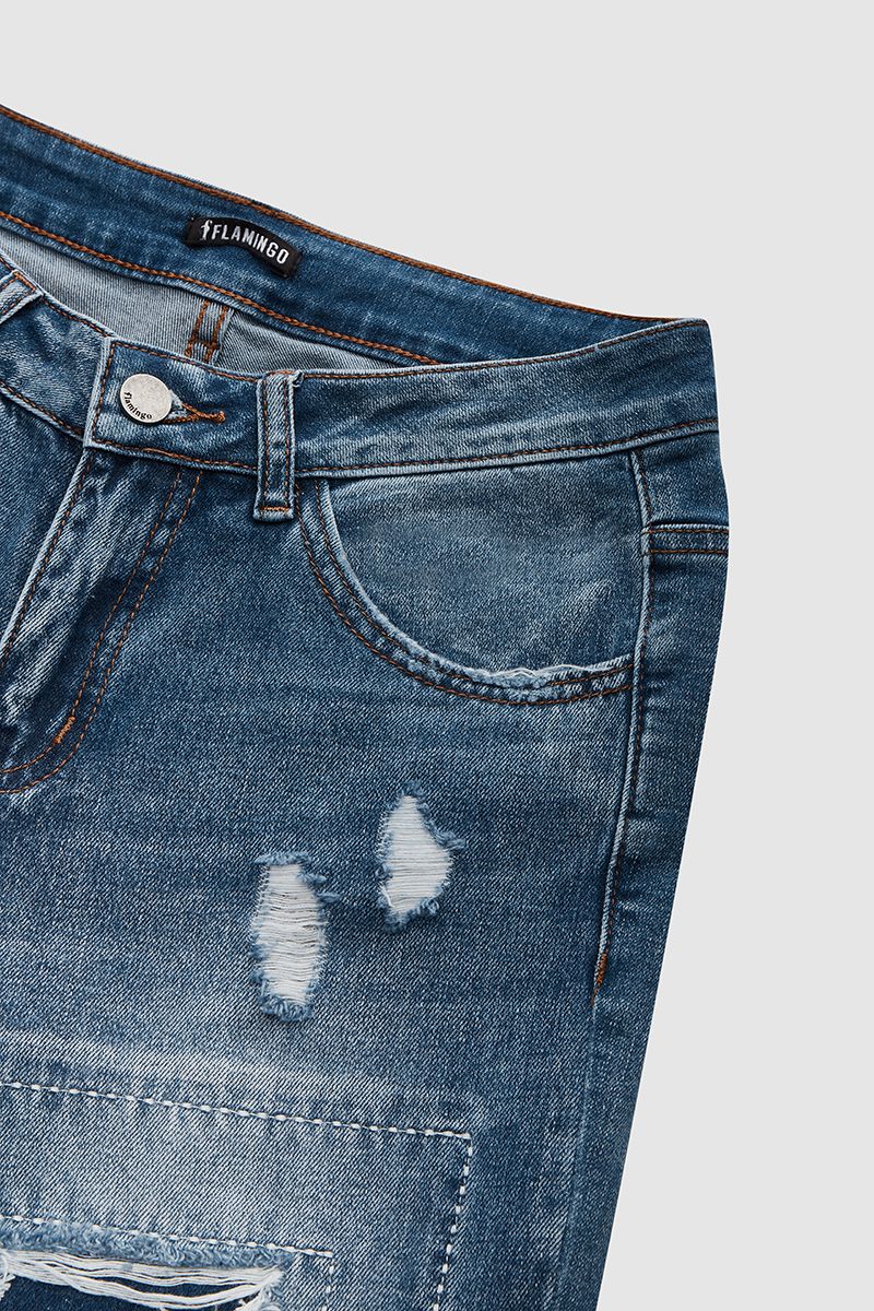 Ladder Distressed Patched Low Waist Jeans-Pinkami