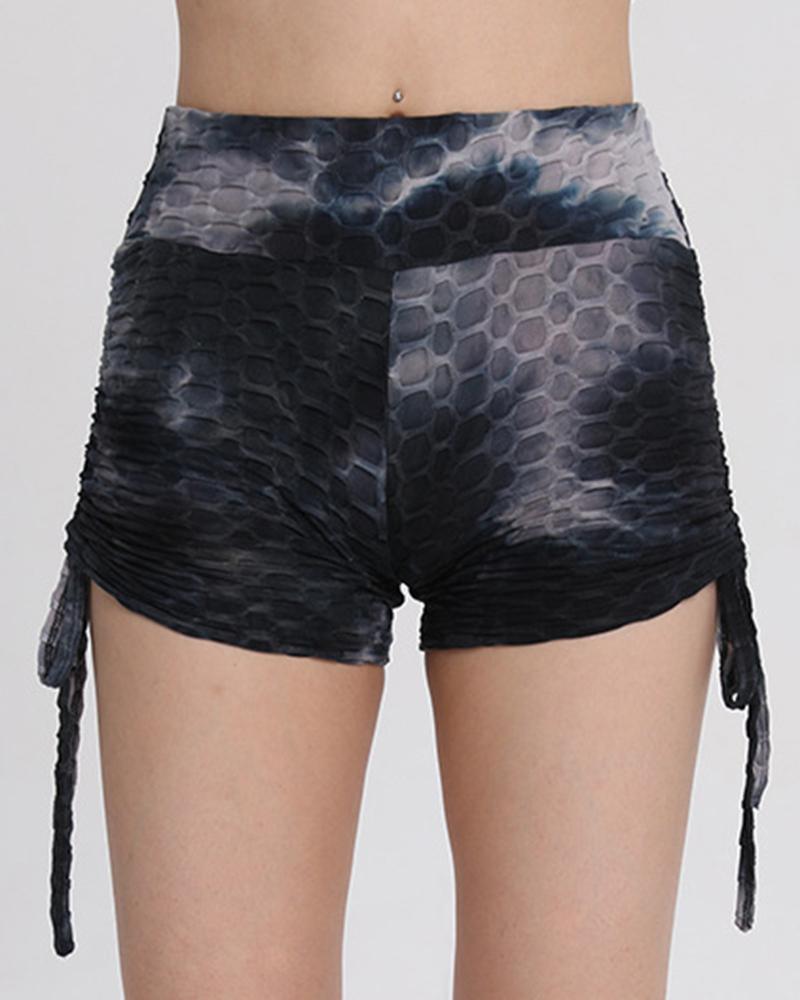 Tie Dye Textured Drawstring Side Butt Lifting High Waist Sports Shorts-Pinkami
