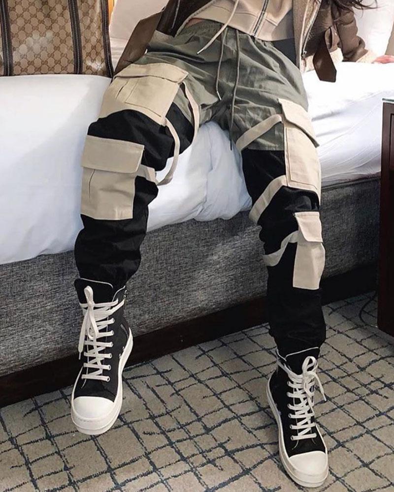 Colorblock Drawstring Waist Flap Pocket High Waist Sports Pants For Women-Pinkami