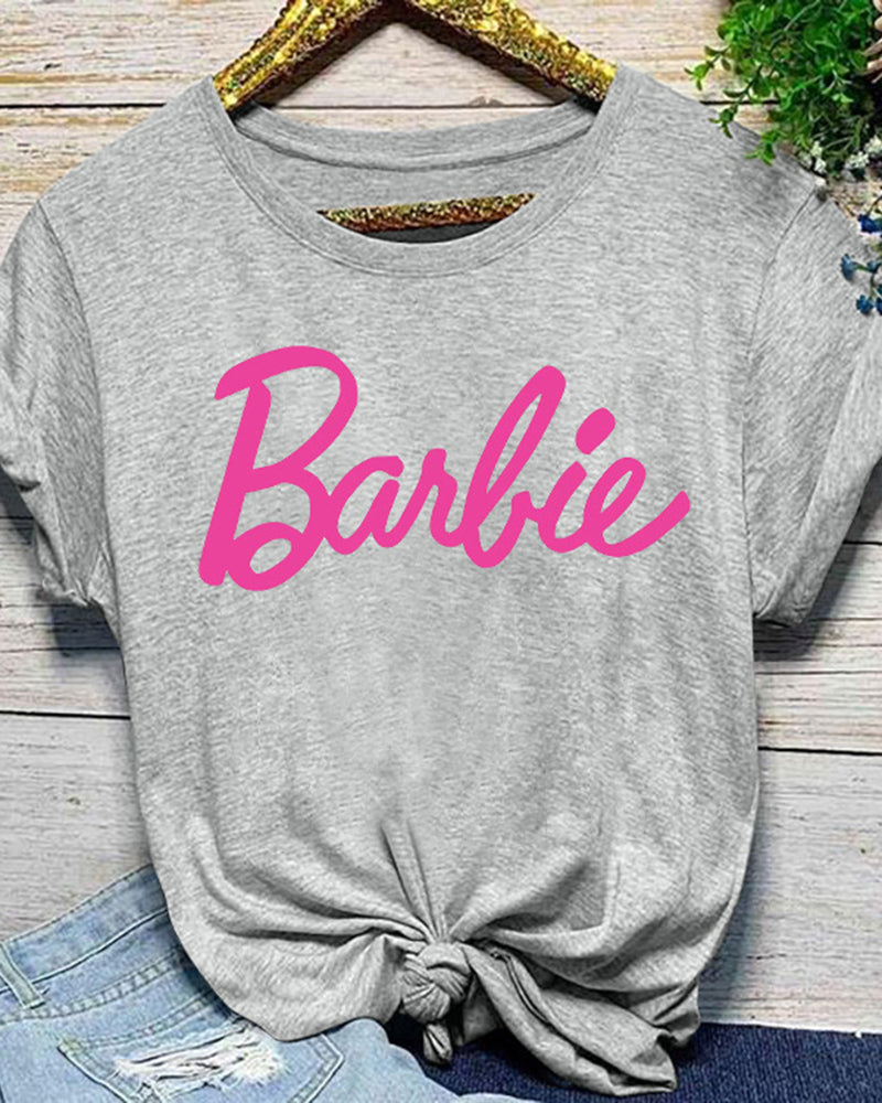 Letter Print Round Neck Short Sleeve T-Shirt-Pinkami