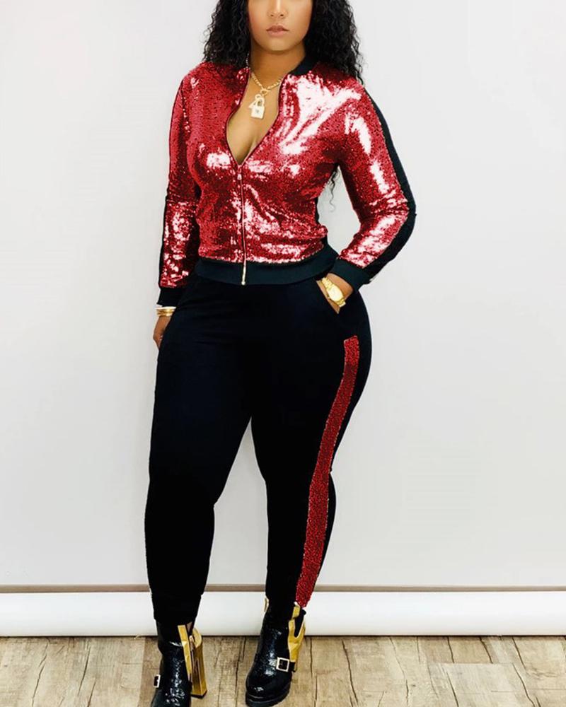 Colorblock Metallic Zip Front Jacket & Pants Set