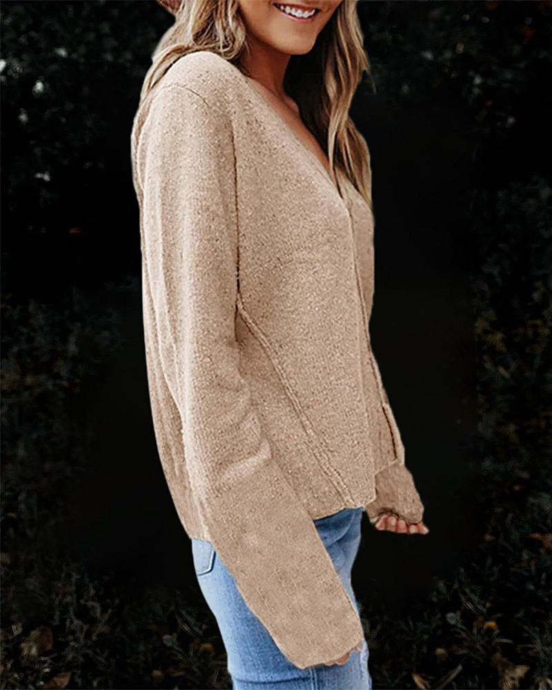 Solid Topstitching Button Up V Neck Sweater-Pinkami