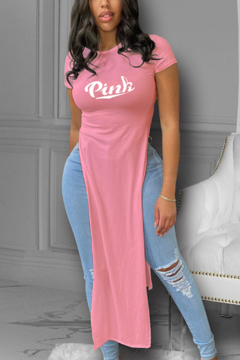 Letter Print Split Side Longline Top-Pinkami
