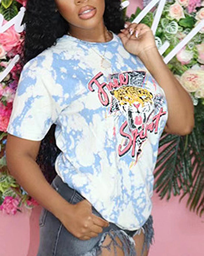 Letter & Graphic Print Round Neck T-Shirt-Pinkami