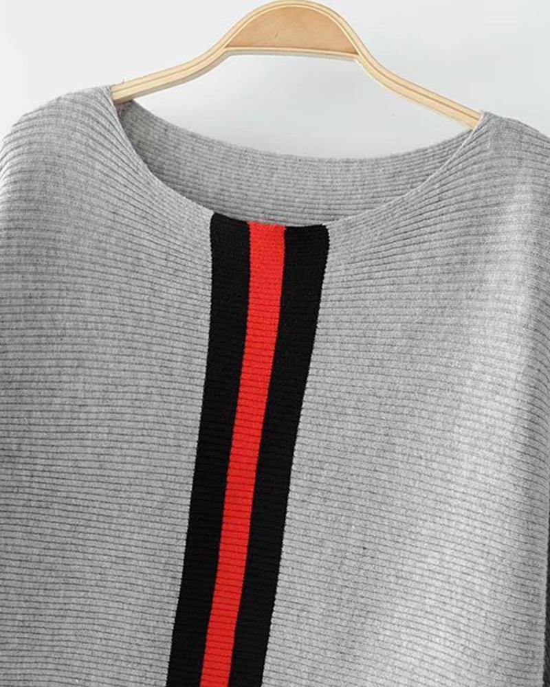 Striped Batwing Sleeve Rib-knit Sweater-Pinkami
