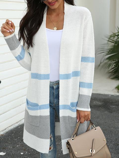 Stripe Stitching Contrast Sweater Cardigan-Pinkami