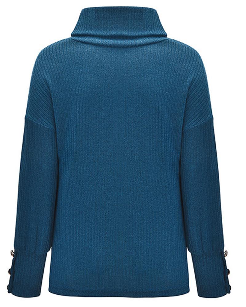 Solid Button Detail Ribbed High Neck Sweater-Pinkami
