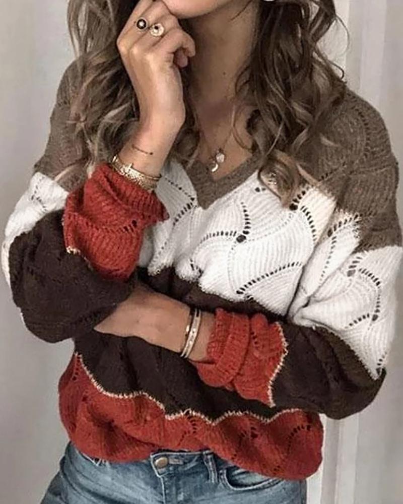 Colorblock Pointelle Knit V Neck Sweater-Pinkami