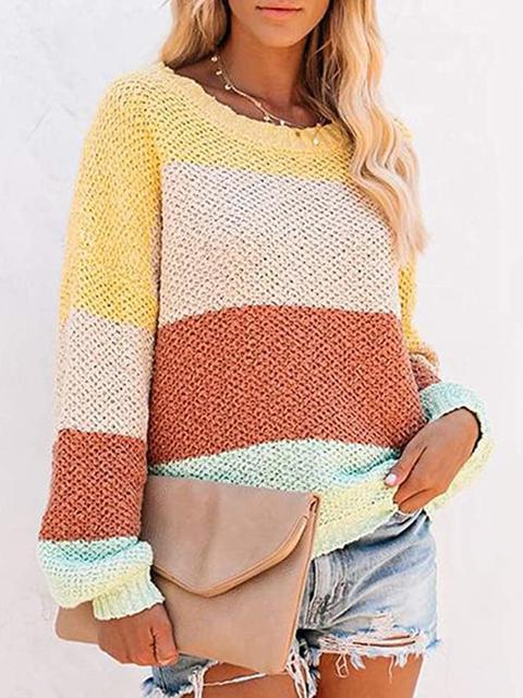Color Block Off-shoulder Lightweight Sweater-Pinkami