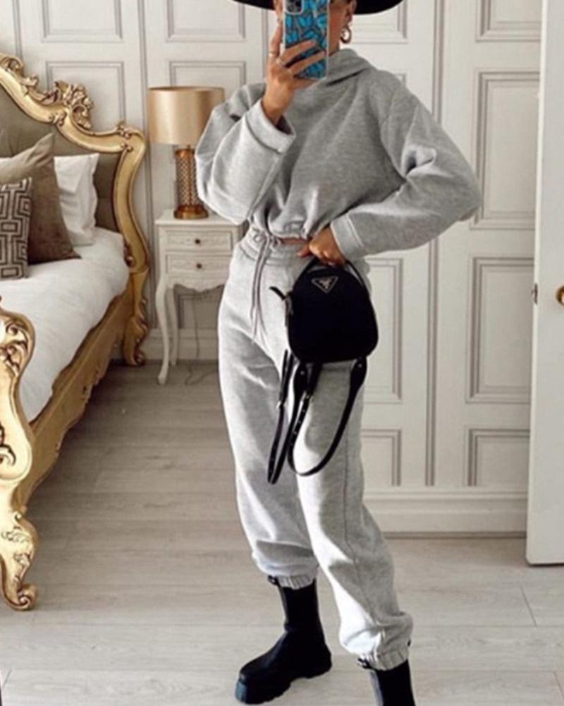 Solid Drawstring Elastic Hem Hooded Top & Pants Set-Pinkami