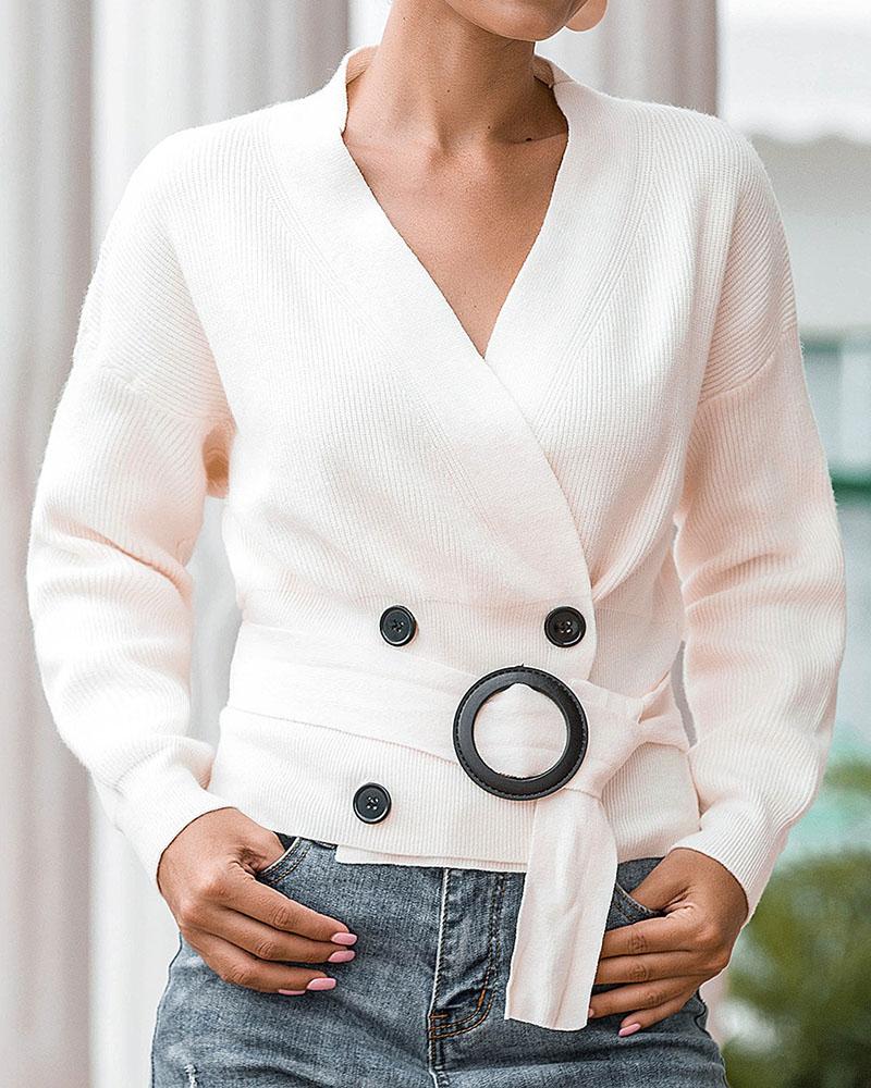 Rib-knit Belted Decor Button Trim Surplice Neck Sweater-Pinkami