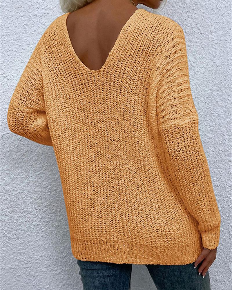 Solid Chunky Knit V Neck Sweater-Pinkami