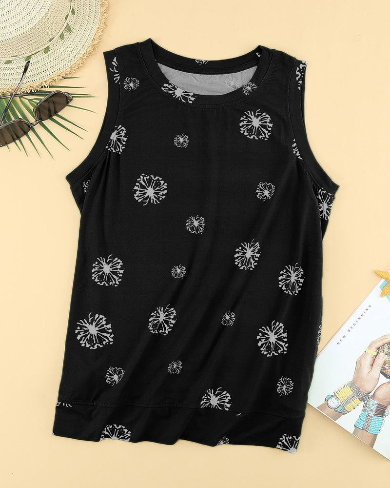 Dandelion Print Split Side Tank Top-Pinkami