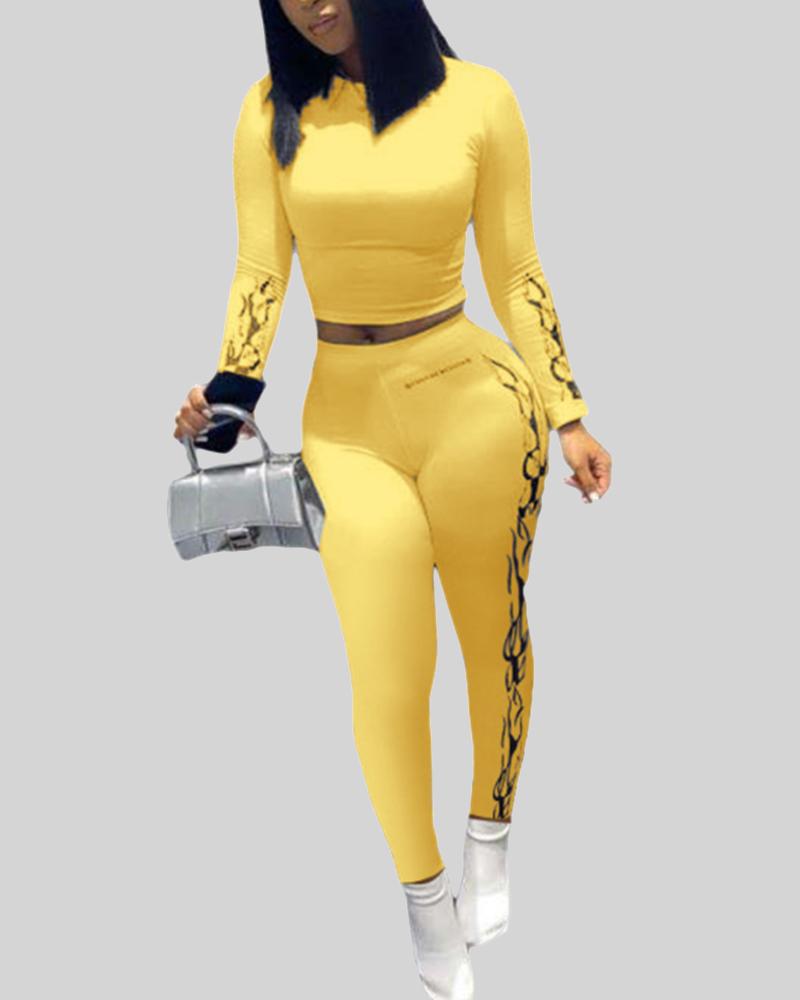 Letter & Graphic Print Long Sleeve Top & Pants Set-Pinkami