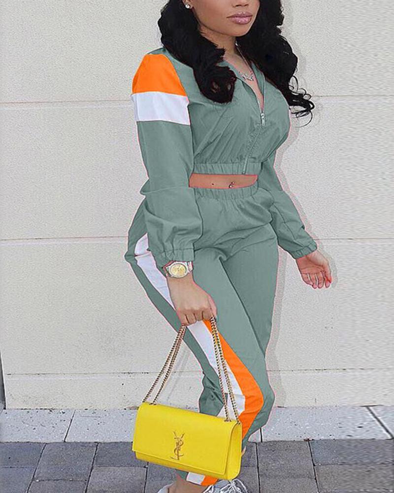 Colorblock Pocket Detail Zip Front Top & Pants Set-Pinkami