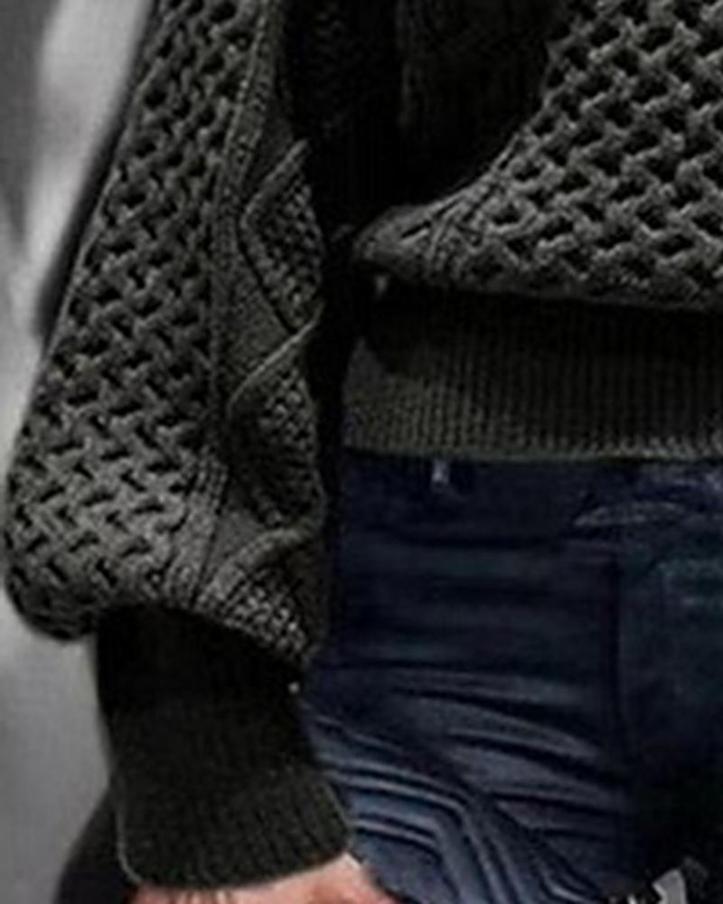 Solid Mixed Knit Lantern Sleeve Asymmetrical Neck Sweater-Pinkami