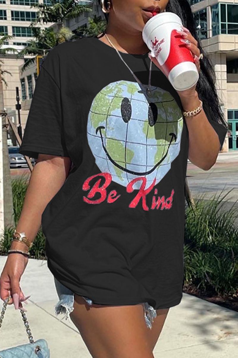 Smile Face & Letter Print Round Neck T-Shirt-Pinkami