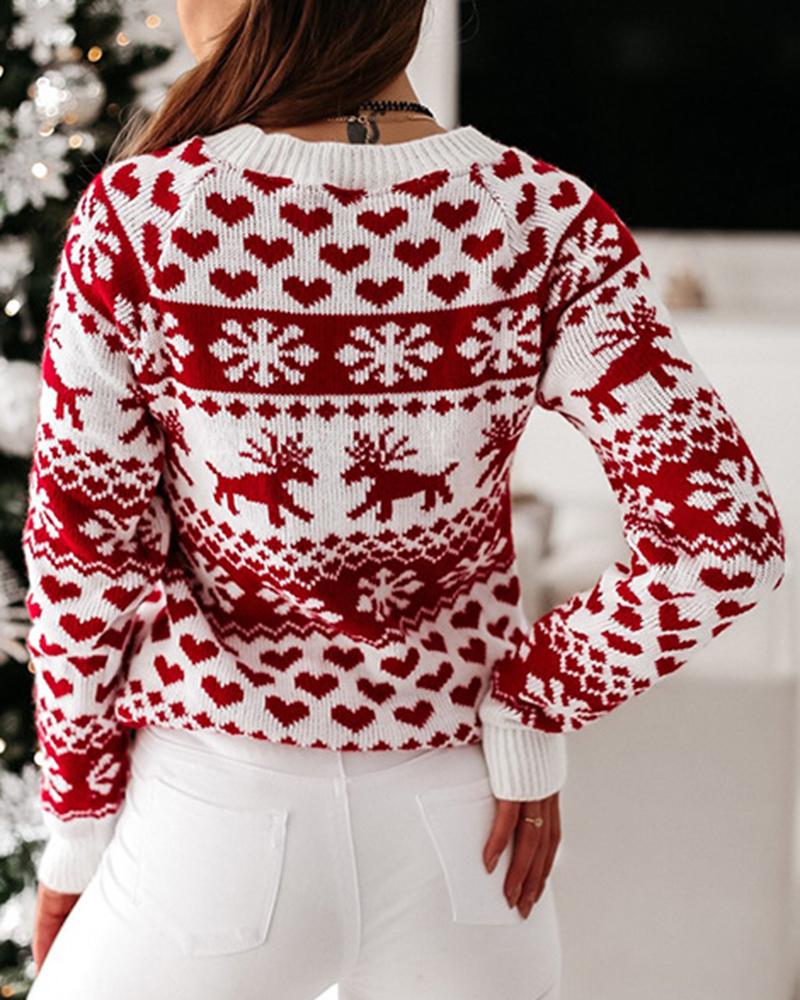 Elk & Snowflake Print Contrast Binding Ribbed Sweater-Pinkami