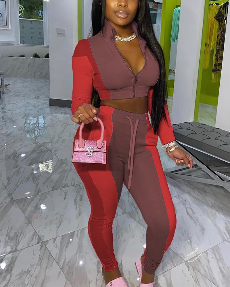 Colorblock Zip Up Drawstring Waist Crop Top & Pants Set-Pinkami