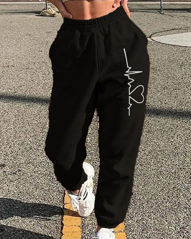 Heart Print Slant Pocket High Waist Sweatpants For Women-Pinkami