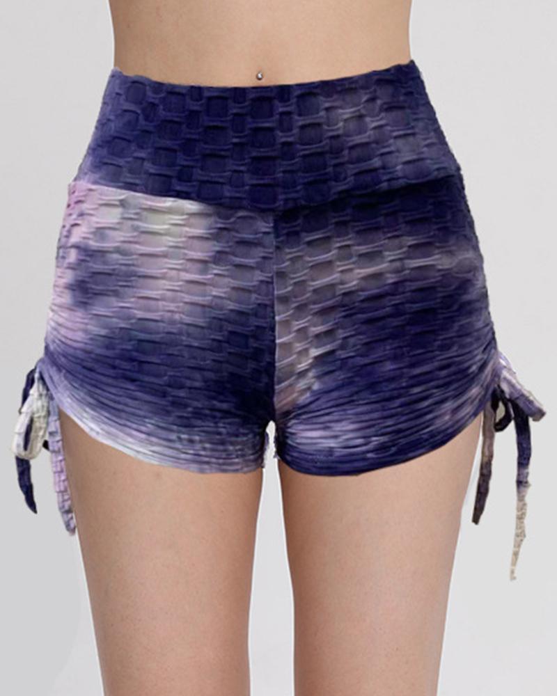 Tie Dye Textured Drawstring Side Butt Lifting High Waist Sports Shorts-Pinkami