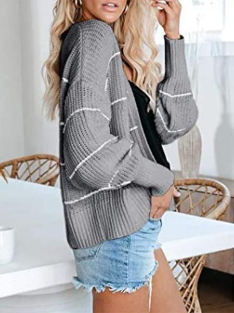 Striped Long Sleeve Loose Sweater Cardigan-Pinkami