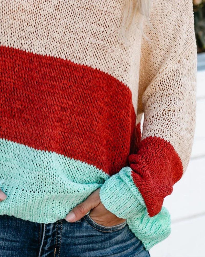 Colorblock Drop Shoulder Boat Neck Sweater-Pinkami