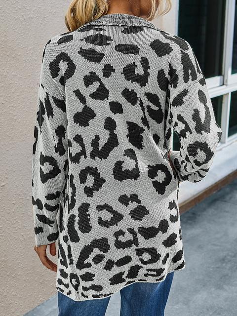 Leopard Long Sleeve Lapel Sweaters Coat-Pinkami