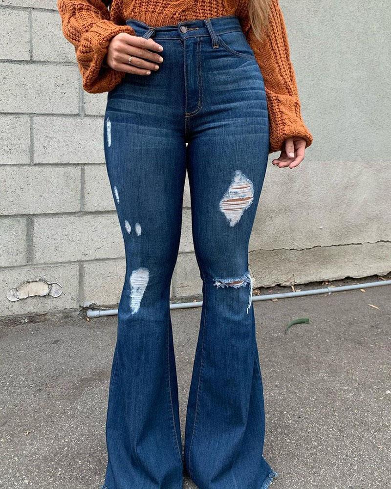 Women High Waist Ripped Flare Leg Jeans-Pinkami