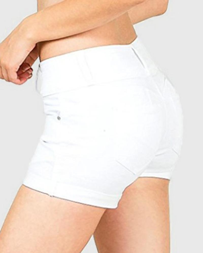 Women High Waist Button Front Roll Up Hem Denim Shorts-Pinkami