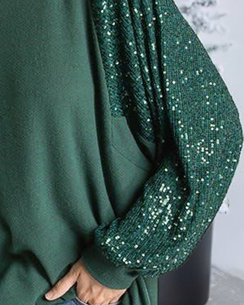 Solid Sequin Raglan Sleeve Oversized T-Shirt-Pinkami