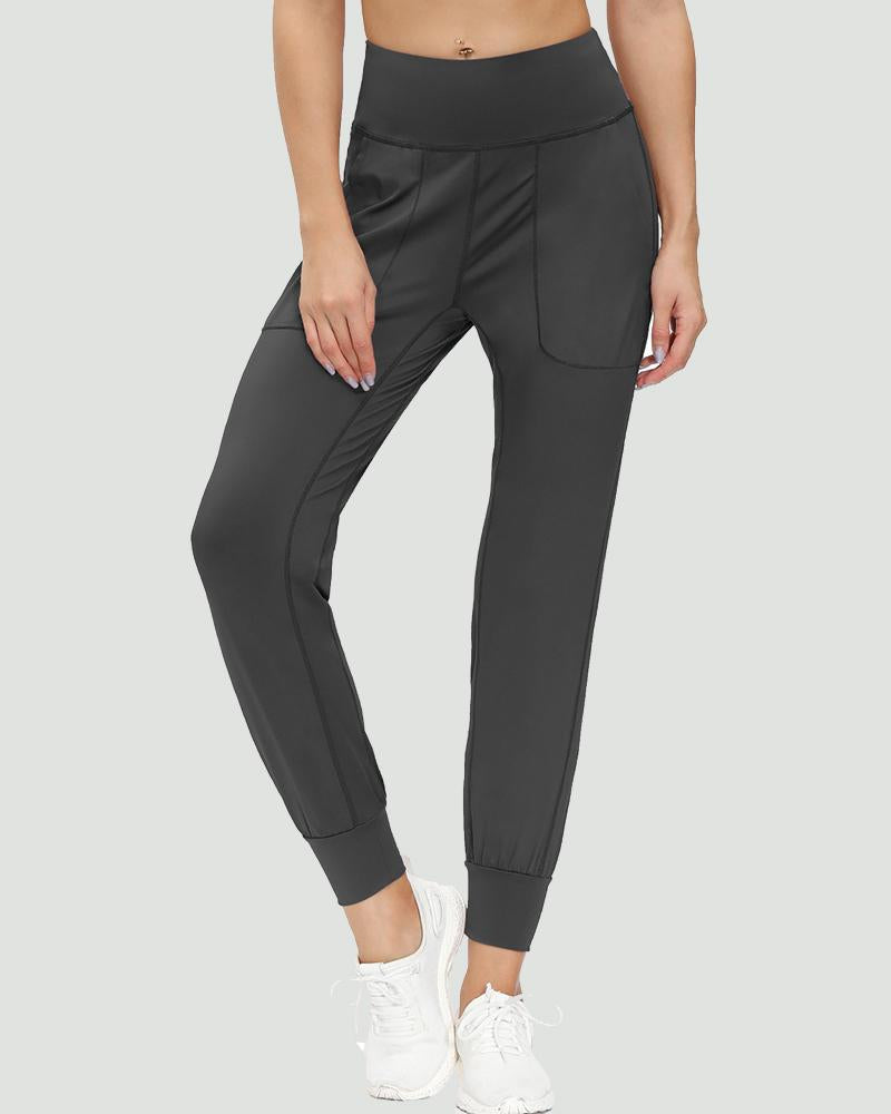 Slant Pocket Wide Waistband Elastic Hem Sports Leggings For Women-Pinkami